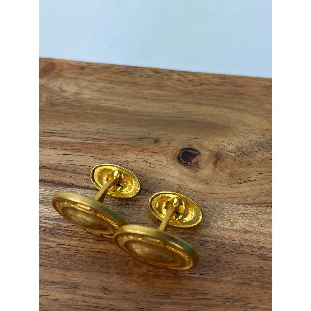 Vintage Curved Cufflinks Gold Oval Etched Victorian Revival Formal Wedding Metal